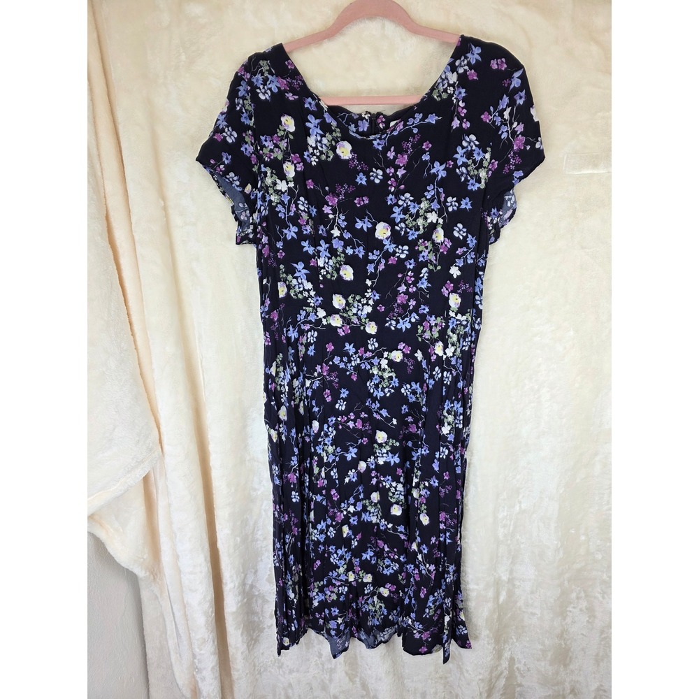 Ella Simone Floral Midi Dress Womens XL Black Purple Blue Rayon‎ Short Sleeve